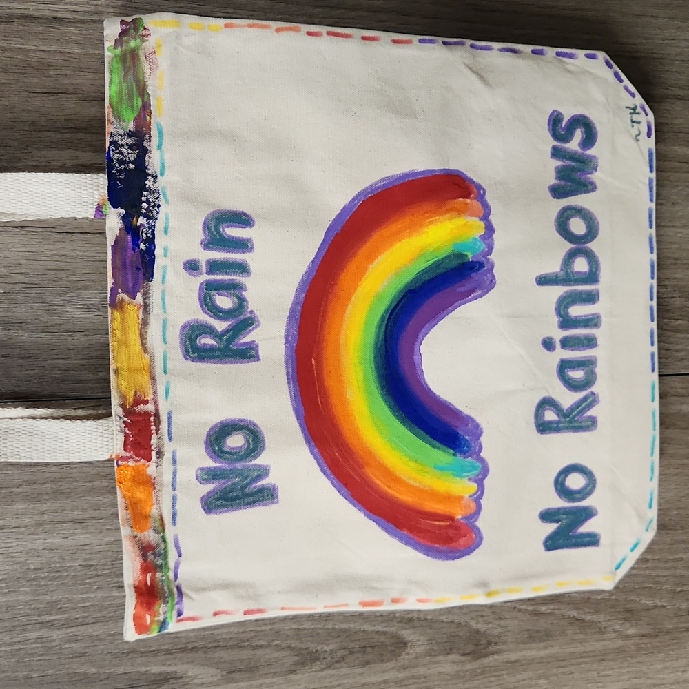 Hand Painted Rainbow Tote Bag  Sturdy Canvas 16 X 15 - Picture 6 of 8